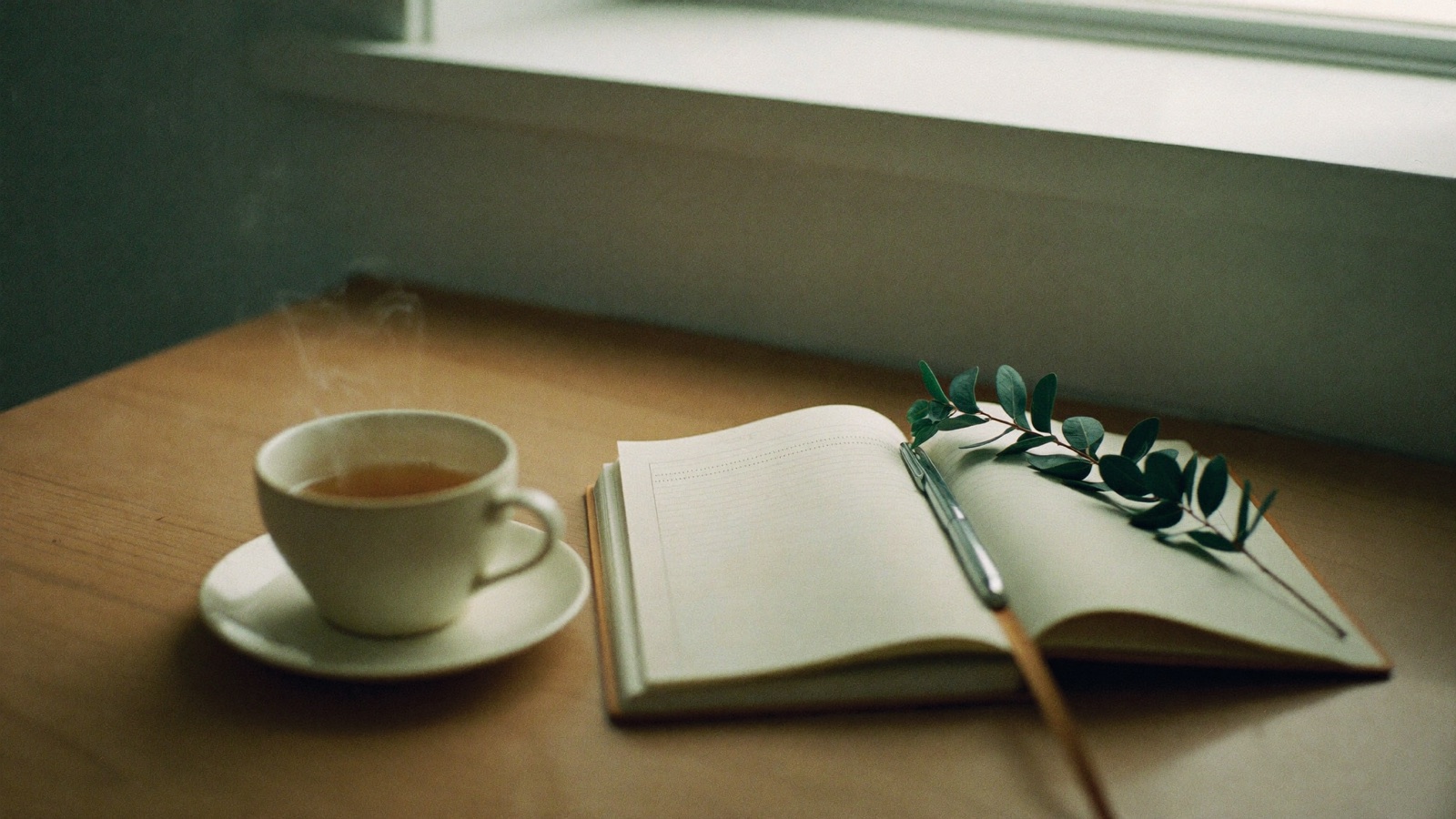 A calm morning ritual by a sunlit window — tea, journal, and a sprig of eucalyptus